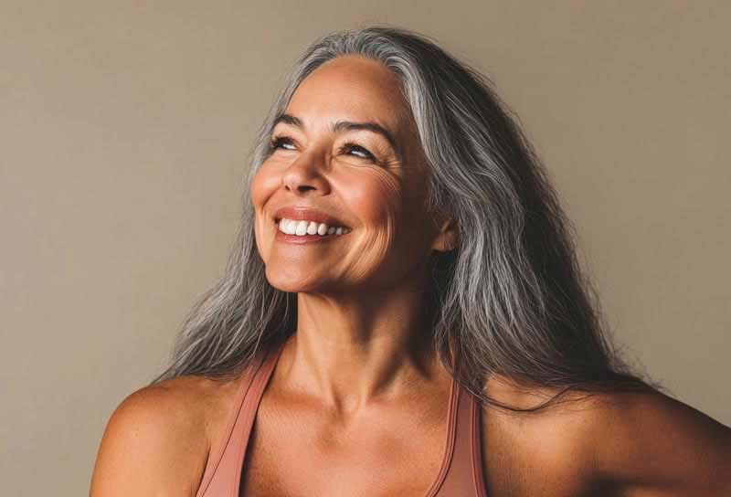 Portrait d’une femme aux cheveux gris, le regard tourné vers le haut