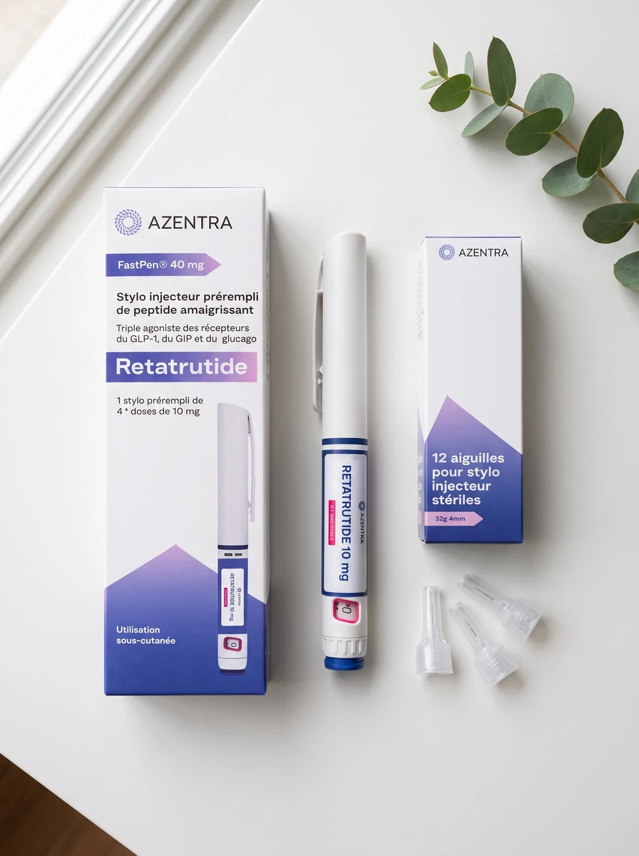 Le stylo Azentra avec sa boîte, une boîte de 12 aiguilles et trois aiguilles présentées à côté