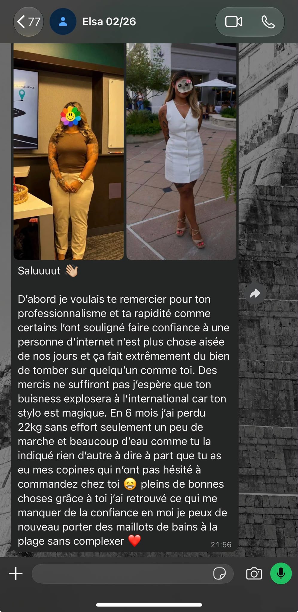 Les deux photos qu’Elsa a jointes à son message